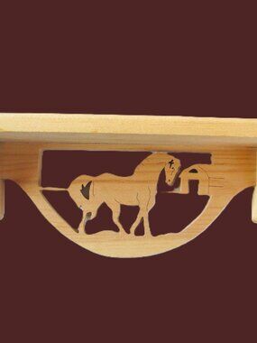 Wood Carved Horse & Barn Small Display Shelf,Wood Shelf, Wood Horse Shelf